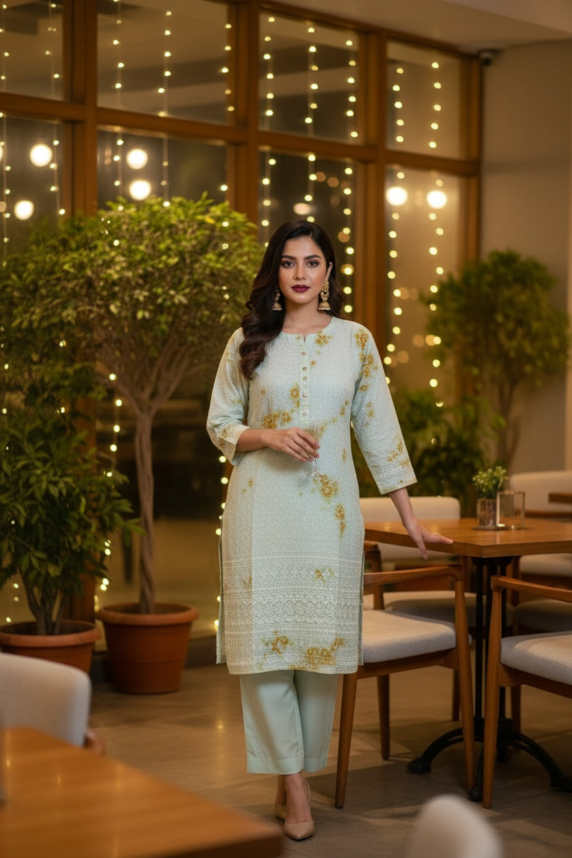 WHITE & YELLOW EMBROIDERED COTTON KURTHI