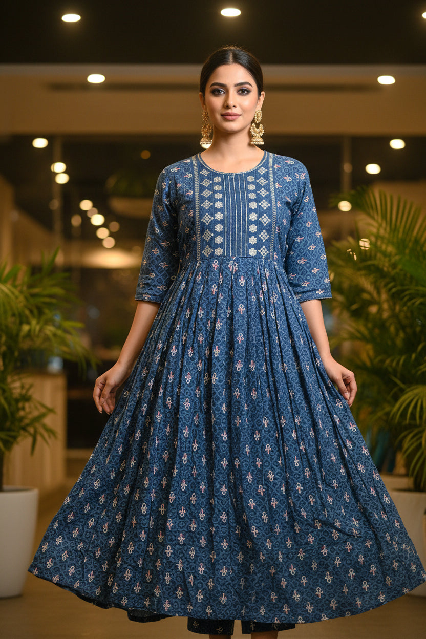 TWILIGHT FLORAL WORK KURTHI – ROYAL BLUE EDITION