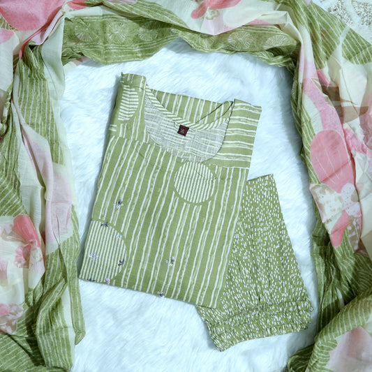 OLIVE GREEN MINIMAL PRINT STRAIGHT SUIT SET WITH DUPATTA