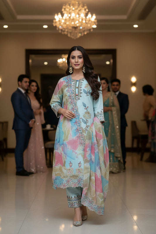 PREMIUM SKY BLUE SUIT SET WITH WORK LACED TOP & ROMAN SILK DUPATTA
