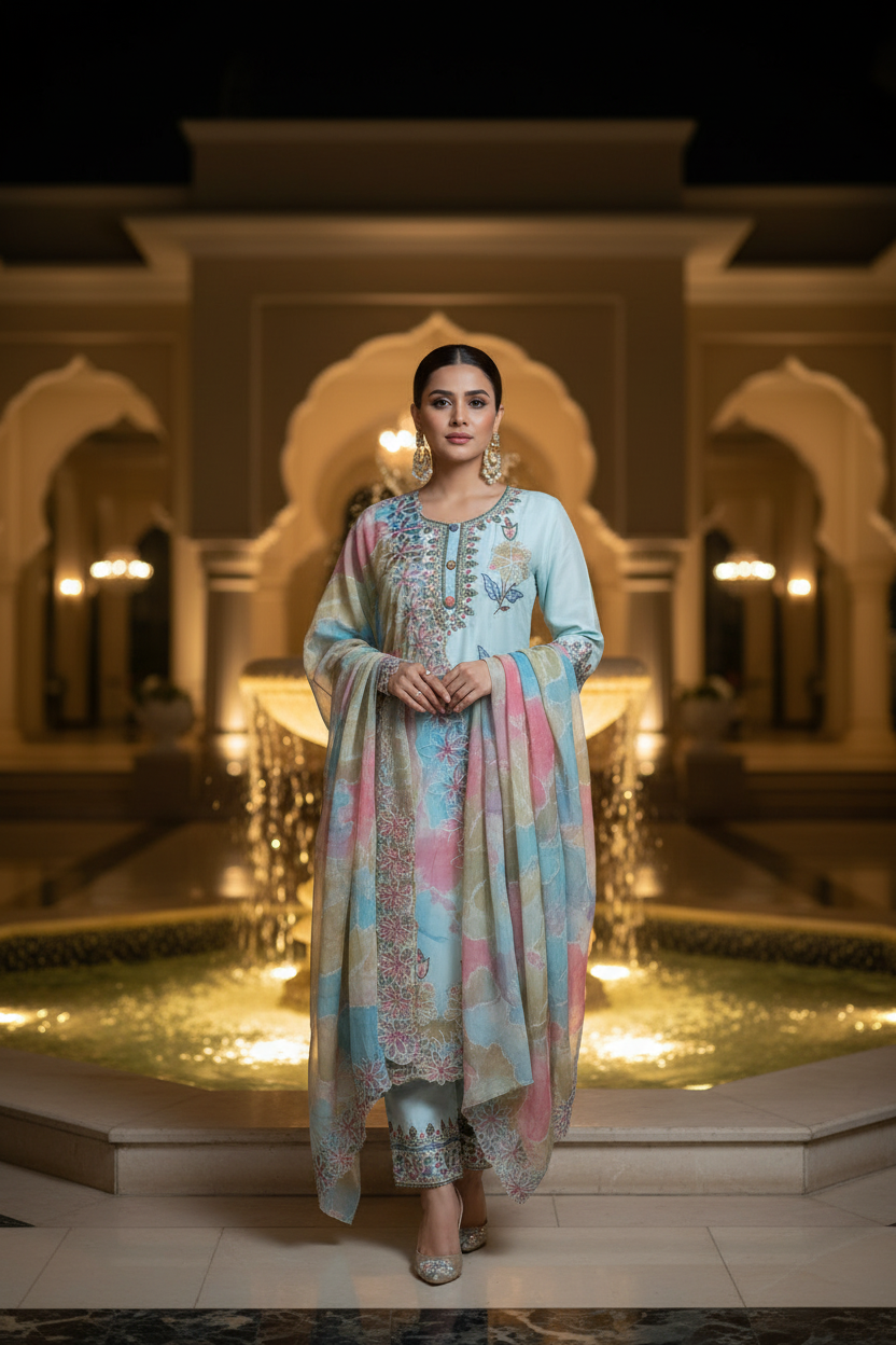 PREMIUM SKY BLUE SUIT SET WITH WORK LACED TOP & ROMAN SILK DUPATTA