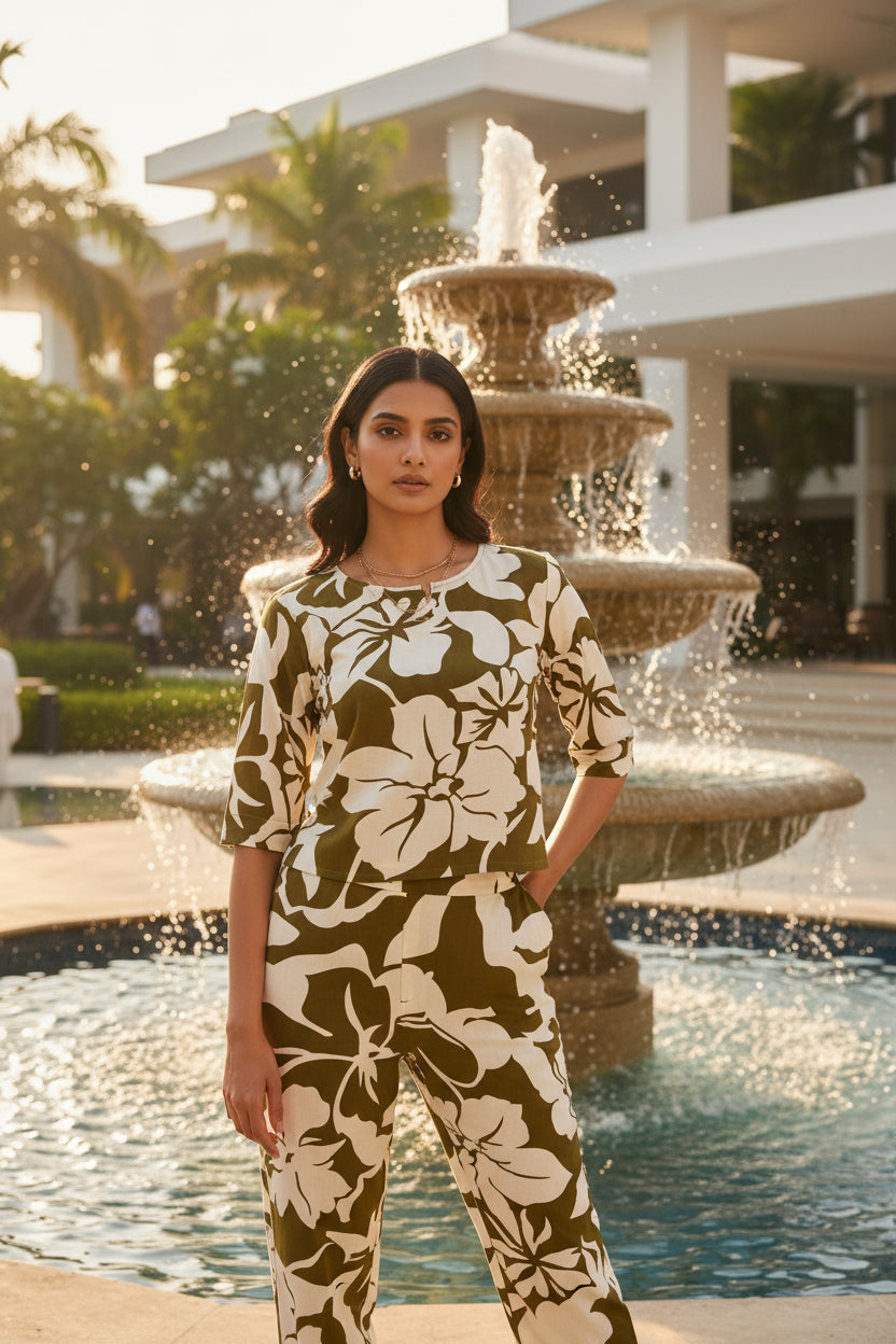 ELEGANCE OLIVE GREEN FLORAL PRINT CO-ORD SET