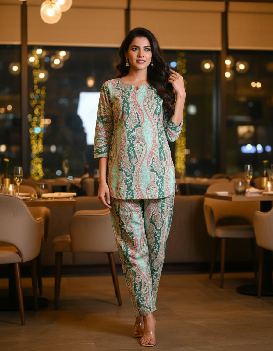 ELEGANCE PISTA GREEN EMBROIDERY WORK PRINT CO-ORD SET