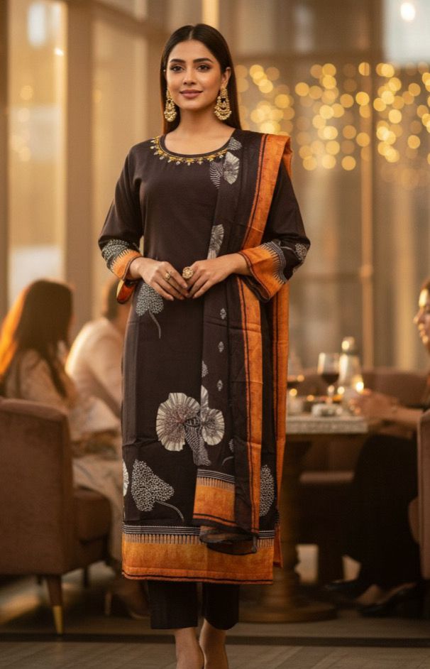 BLACK CHINNON SILK KURTHI SET WITH INTRICATE HANDWORK