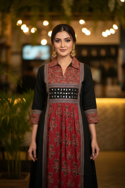 URBAN DESI OCCASIONAL WEAR – BLACK MIRROR WORK PANEL KURTHI
