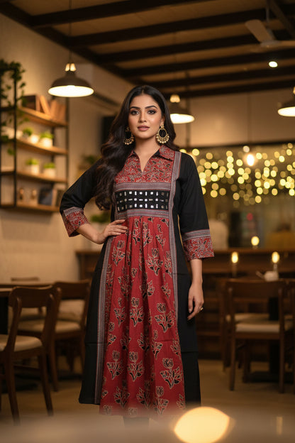 URBAN DESI OCCASIONAL WEAR – BLACK MIRROR WORK PANEL KURTHI