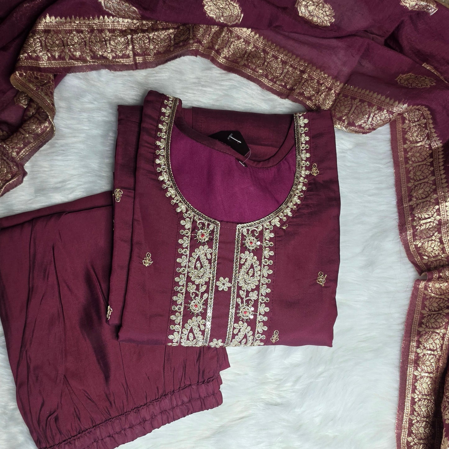 MAROON EMBROIDERED ETHNIC SUIT SET WITH BANARASI DUPATTA