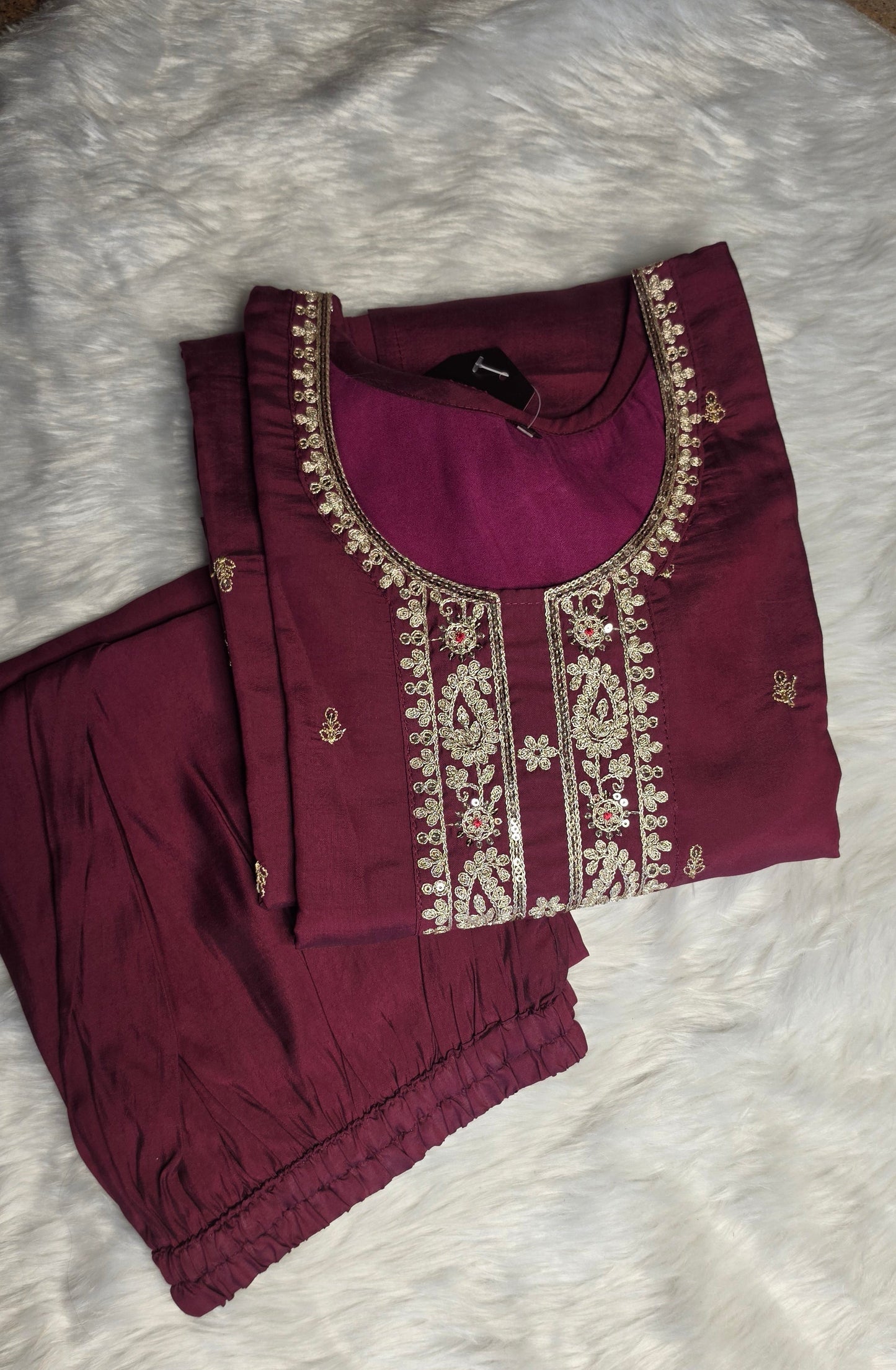 MAROON EMBROIDERED ETHNIC SUIT SET WITH BANARASI DUPATTA