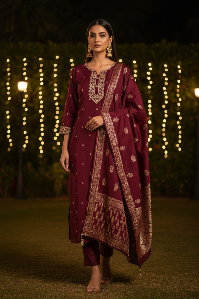 MAROON EMBROIDERED ETHNIC SUIT SET WITH BANARASI DUPATTA