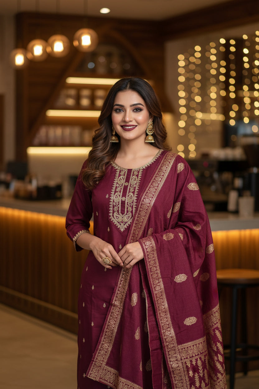 MAROON EMBROIDERED ETHNIC SUIT SET WITH BANARASI DUPATTA