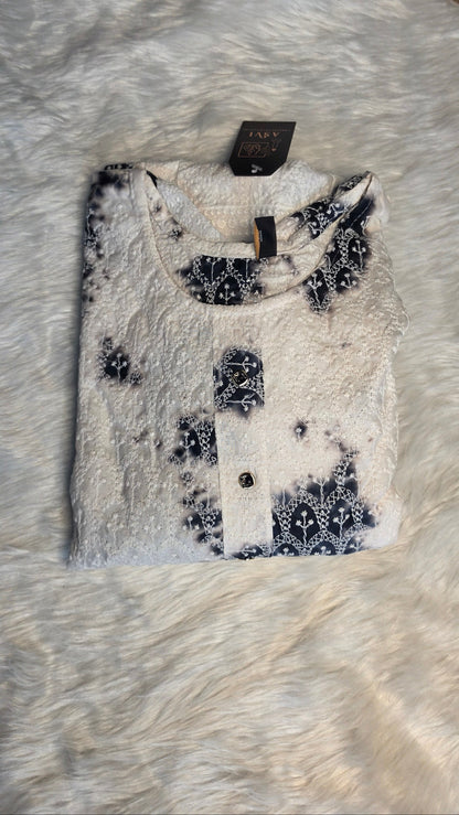 WHITE & BLACK EMBROIDERED COTTON KURTHI