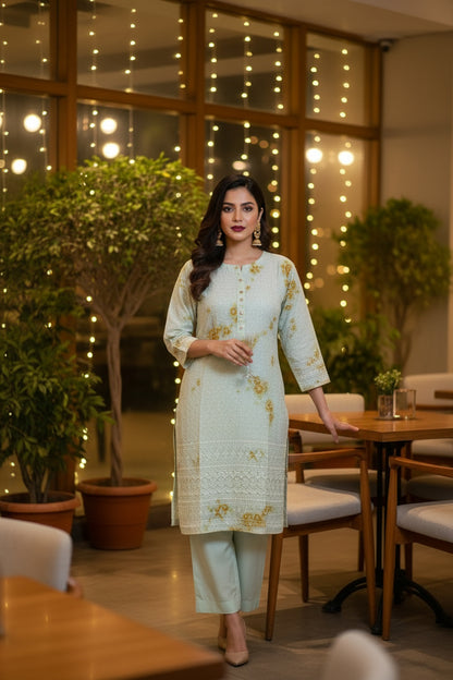 WHITE & YELLOW EMBROIDERED COTTON KURTHI