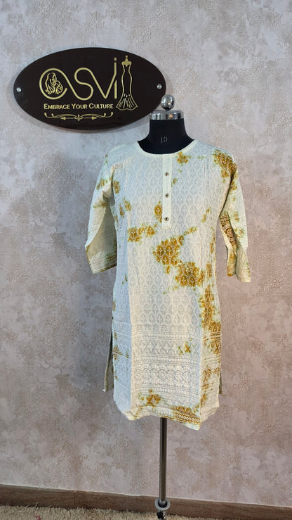 WHITE & YELLOW EMBROIDERED COTTON KURTHI