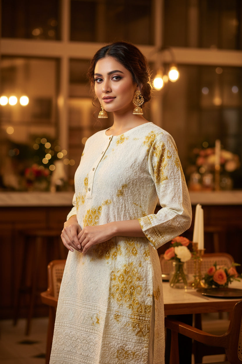 WHITE & YELLOW EMBROIDERED COTTON KURTHI