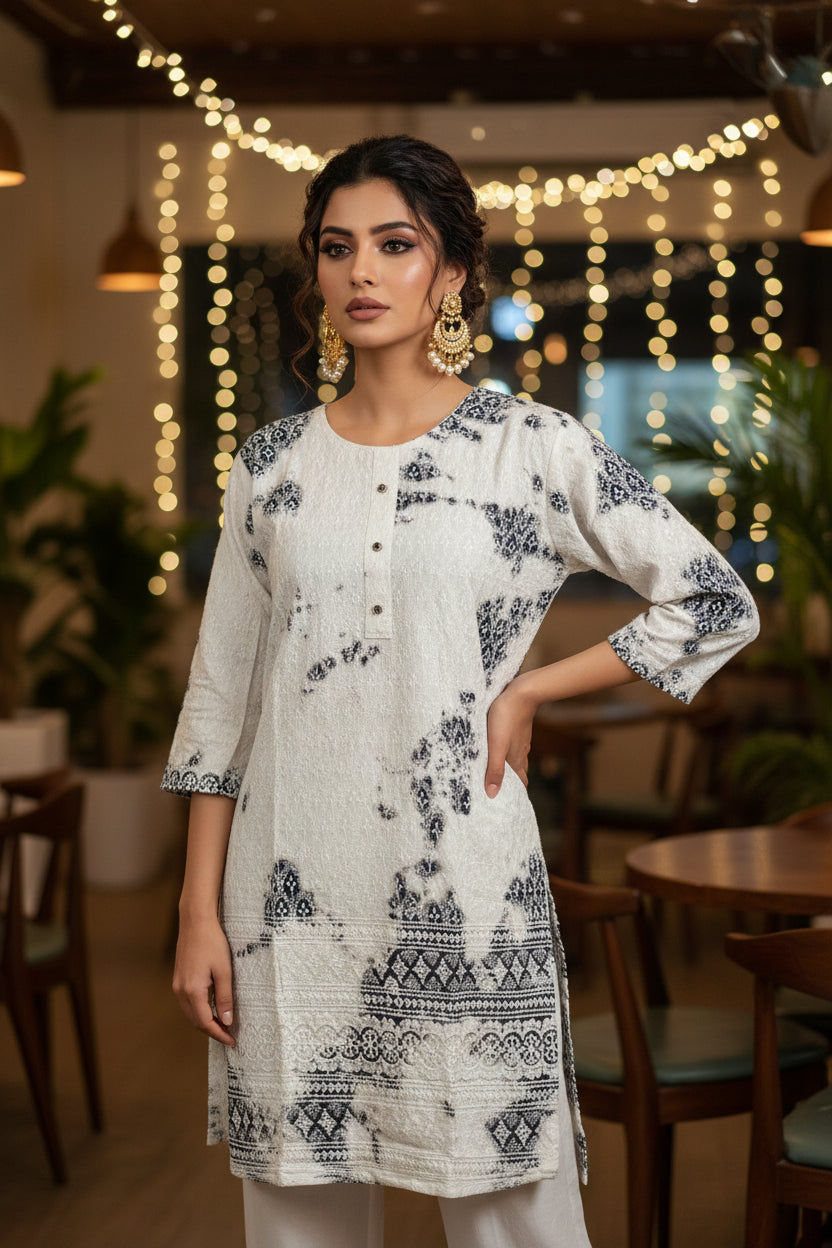 WHITE & BLACK EMBROIDERED COTTON KURTHI