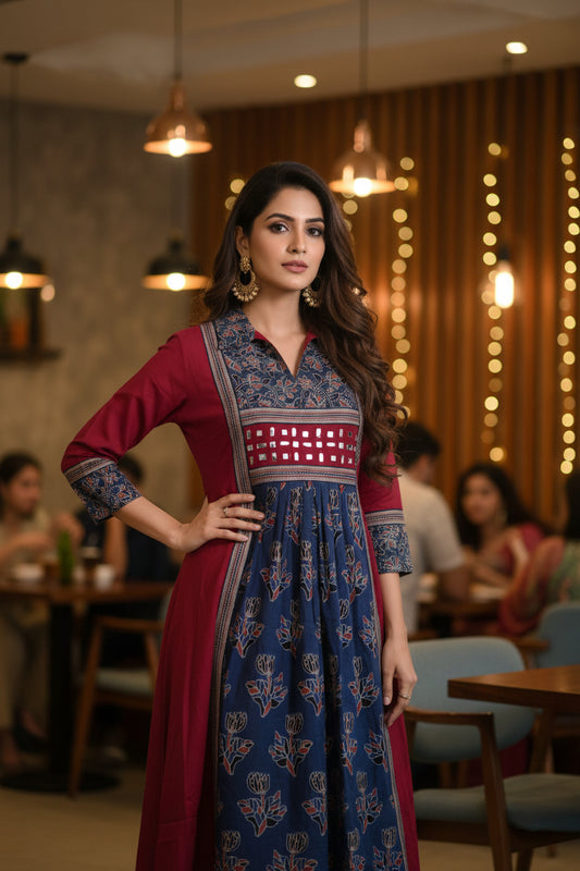 URBAN DESI OCCASIONAL WEAR – MIRROR WORK FLARED KURTHI