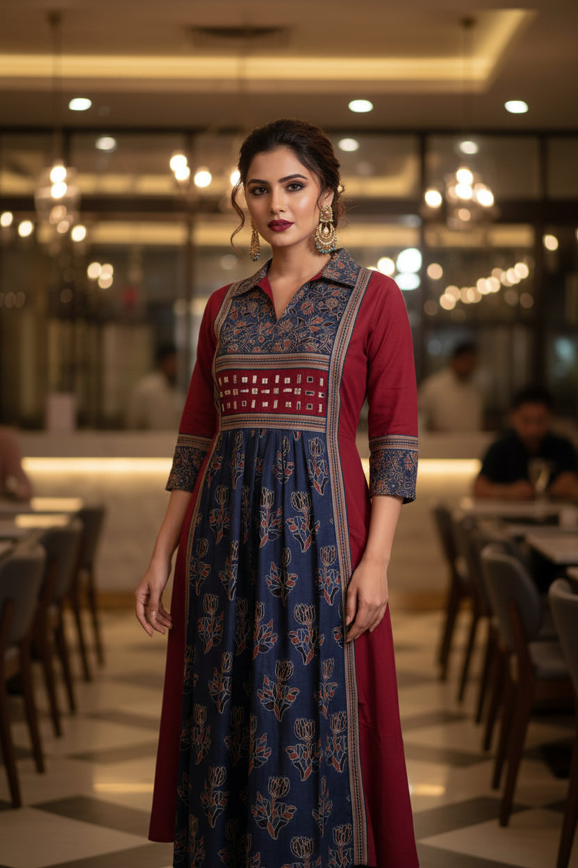 URBAN DESI OCCASIONAL WEAR – MIRROR WORK FLARED KURTHI