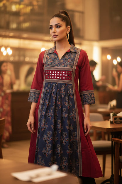 URBAN DESI OCCASIONAL WEAR – MIRROR WORK FLARED KURTHI