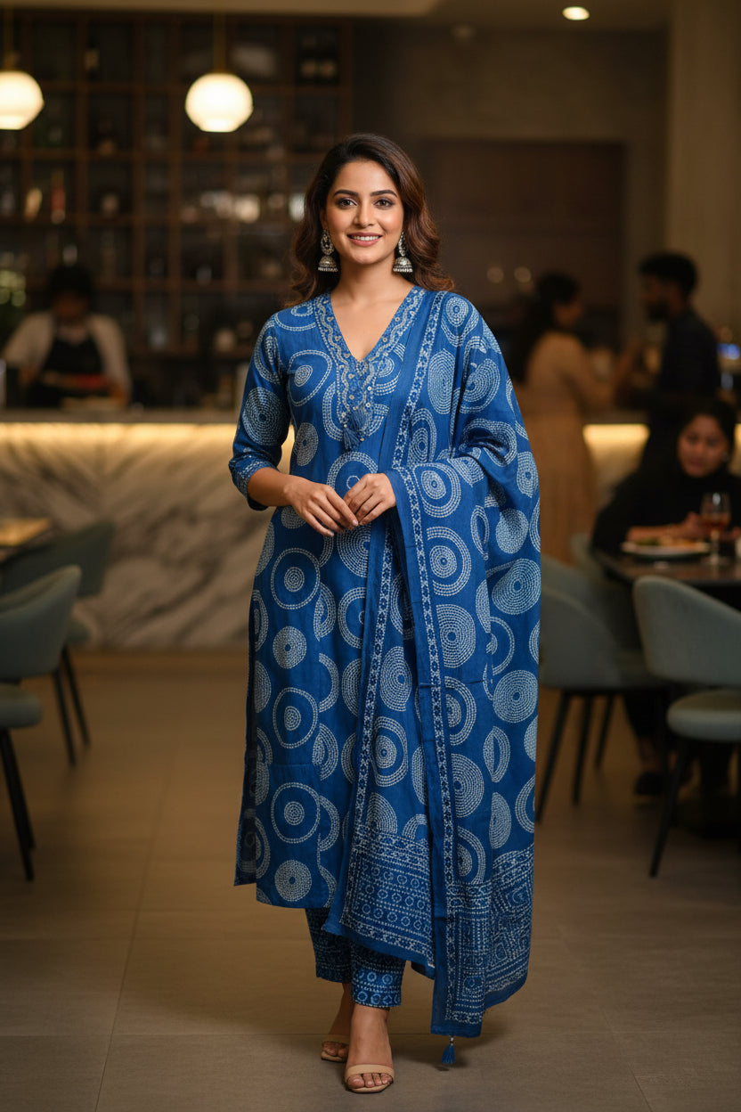 PURE COTTON STRAIGHT SUIT SET WITH HANDCRAFTED EMBROIDERY WORK