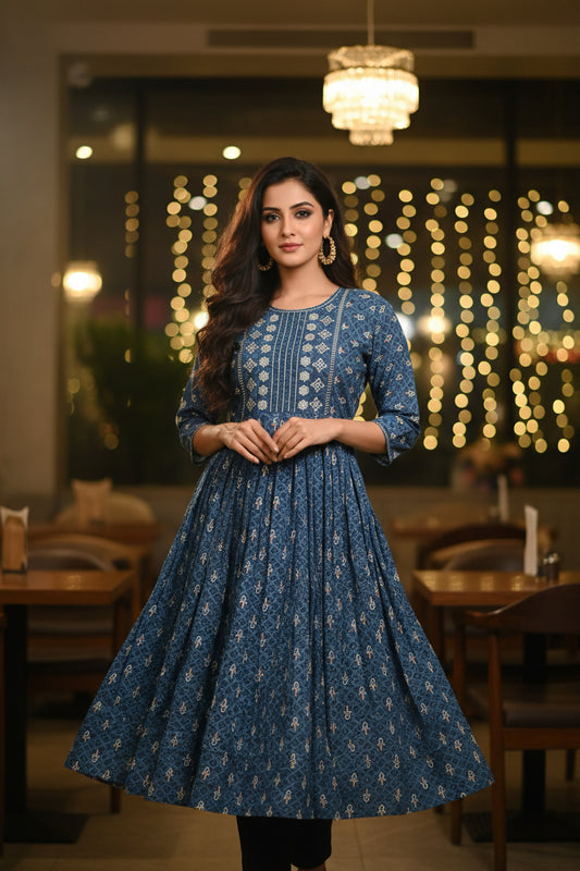 TWILIGHT FLORAL WORK KURTHI – ROYAL BLUE EDITION