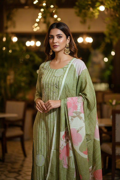 OLIVE GREEN MINIMAL PRINT STRAIGHT SUIT SET WITH DUPATTA