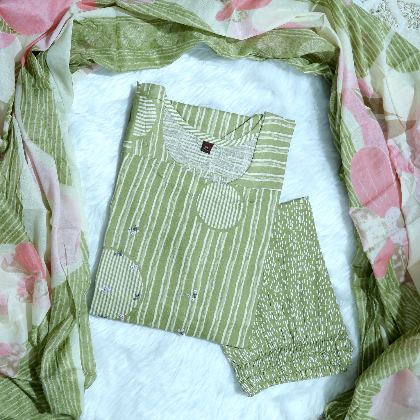 OLIVE GREEN MINIMAL PRINT STRAIGHT SUIT SET WITH DUPATTA