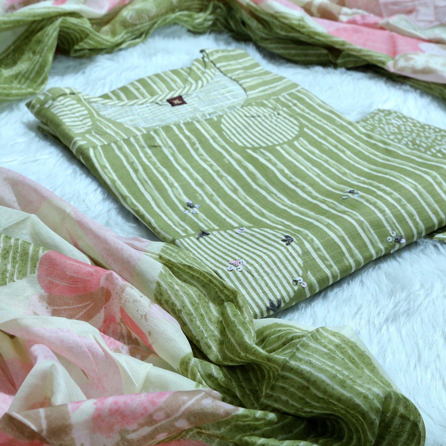 OLIVE GREEN MINIMAL PRINT STRAIGHT SUIT SET WITH DUPATTA