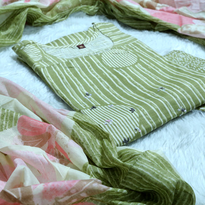 OLIVE GREEN MINIMAL PRINT STRAIGHT SUIT SET WITH DUPATTA