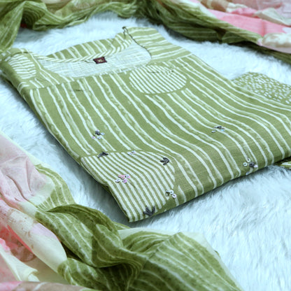 OLIVE GREEN MINIMAL PRINT STRAIGHT SUIT SET WITH DUPATTA