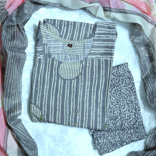 GREY MINIMAL DESIGN STRAIGHT SUIT SET WITH DUPATTA