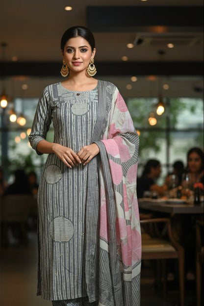 GREY MINIMAL DESIGN STRAIGHT SUIT SET WITH DUPATTA