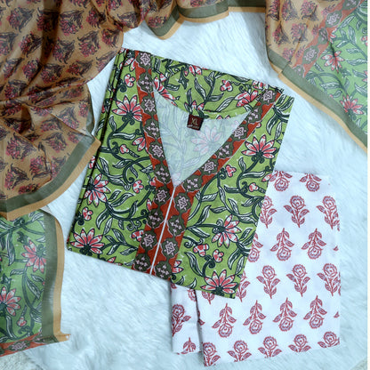 OLIVE GREEN FLORAL PRINT STRAIGHT SUIT SET WITH DUPATTA