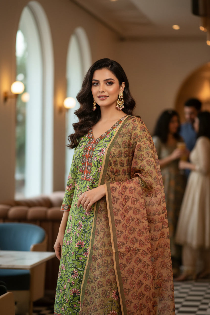 OLIVE GREEN FLORAL PRINT STRAIGHT SUIT SET WITH DUPATTA