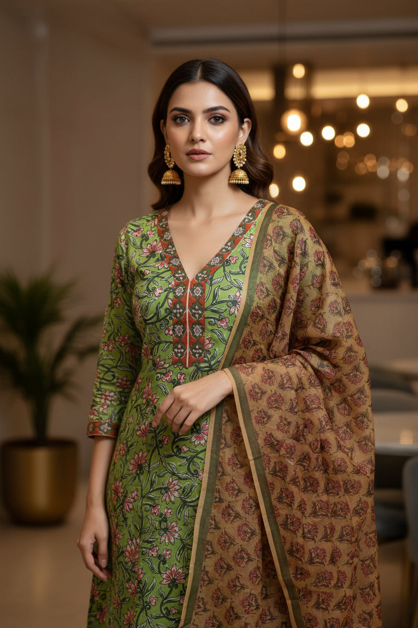 OLIVE GREEN FLORAL PRINT STRAIGHT SUIT SET WITH DUPATTA