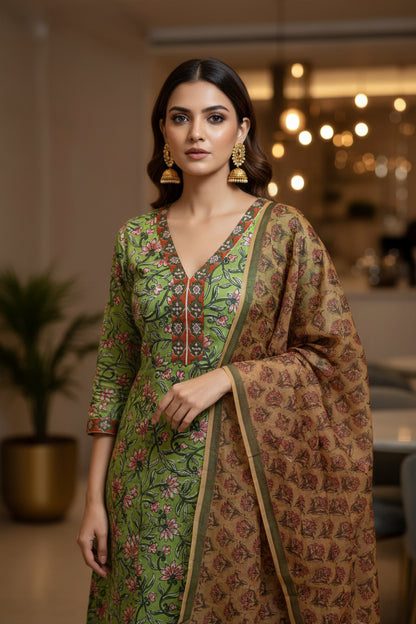 OLIVE GREEN FLORAL PRINT STRAIGHT SUIT SET WITH DUPATTA