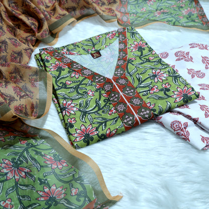 OLIVE GREEN FLORAL PRINT STRAIGHT SUIT SET WITH DUPATTA