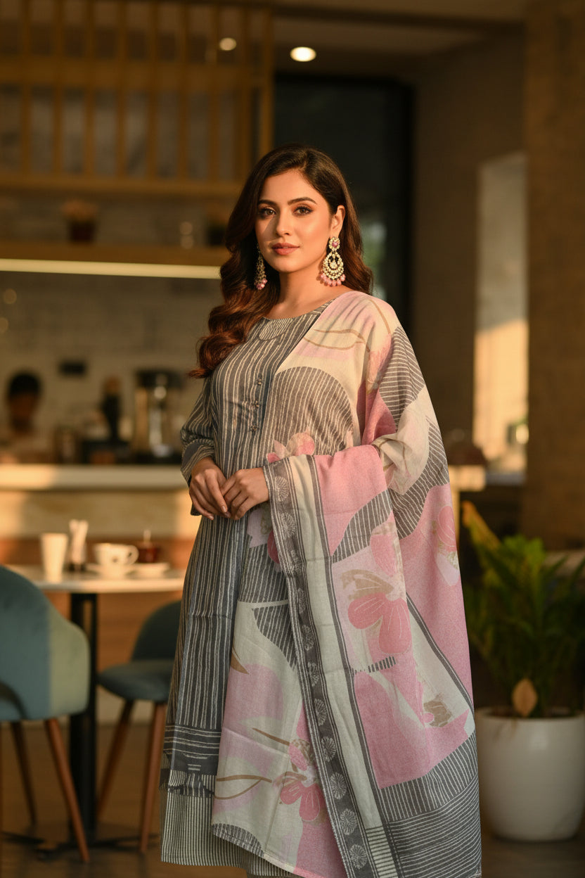 GREY MINIMAL DESIGN STRAIGHT SUIT SET WITH DUPATTA