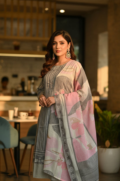 GREY MINIMAL DESIGN STRAIGHT SUIT SET WITH DUPATTA