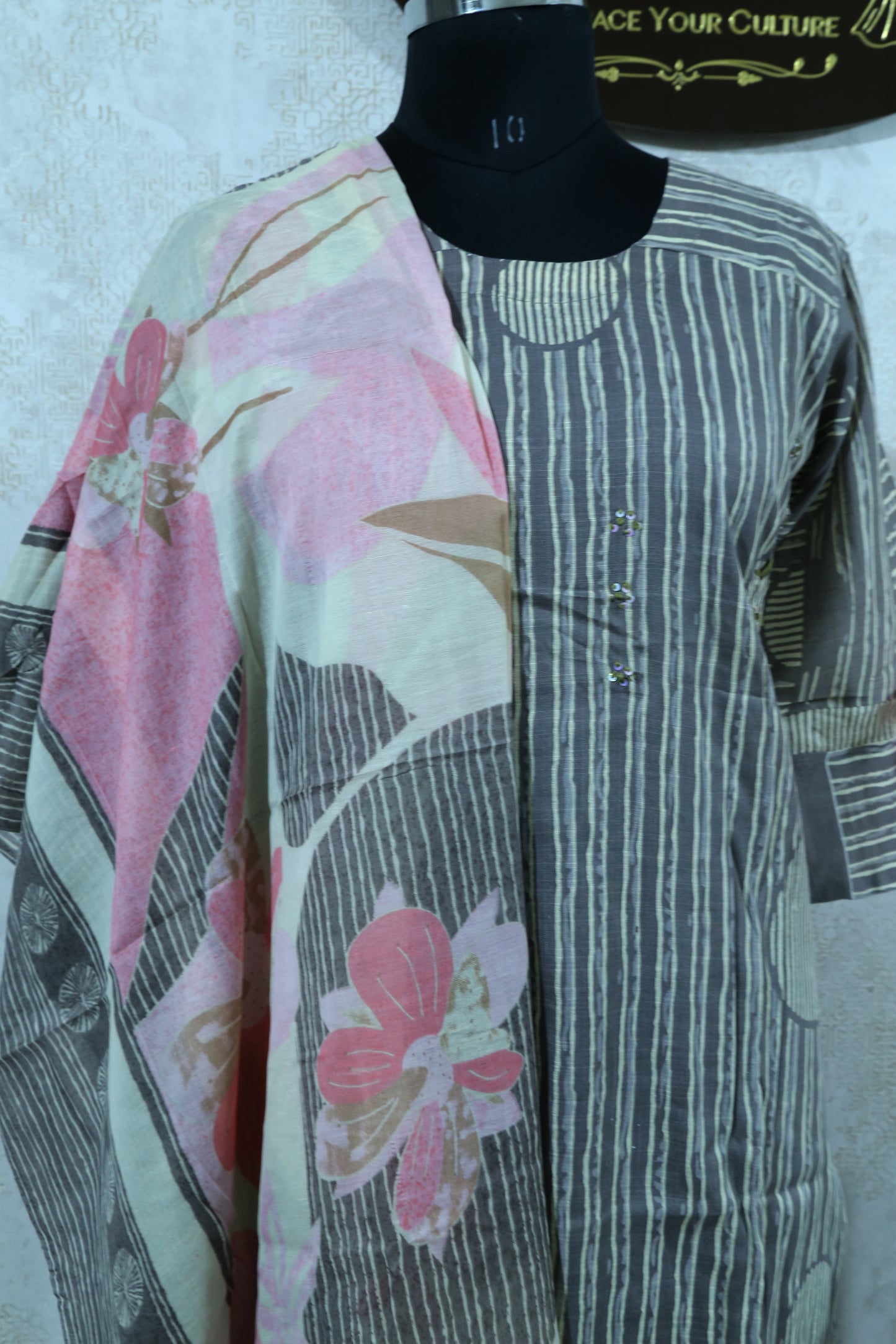 GREY MINIMAL DESIGN STRAIGHT SUIT SET WITH DUPATTA