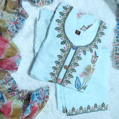 PREMIUM SKY BLUE SUIT SET WITH WORK LACED TOP & ROMAN SILK DUPATTA