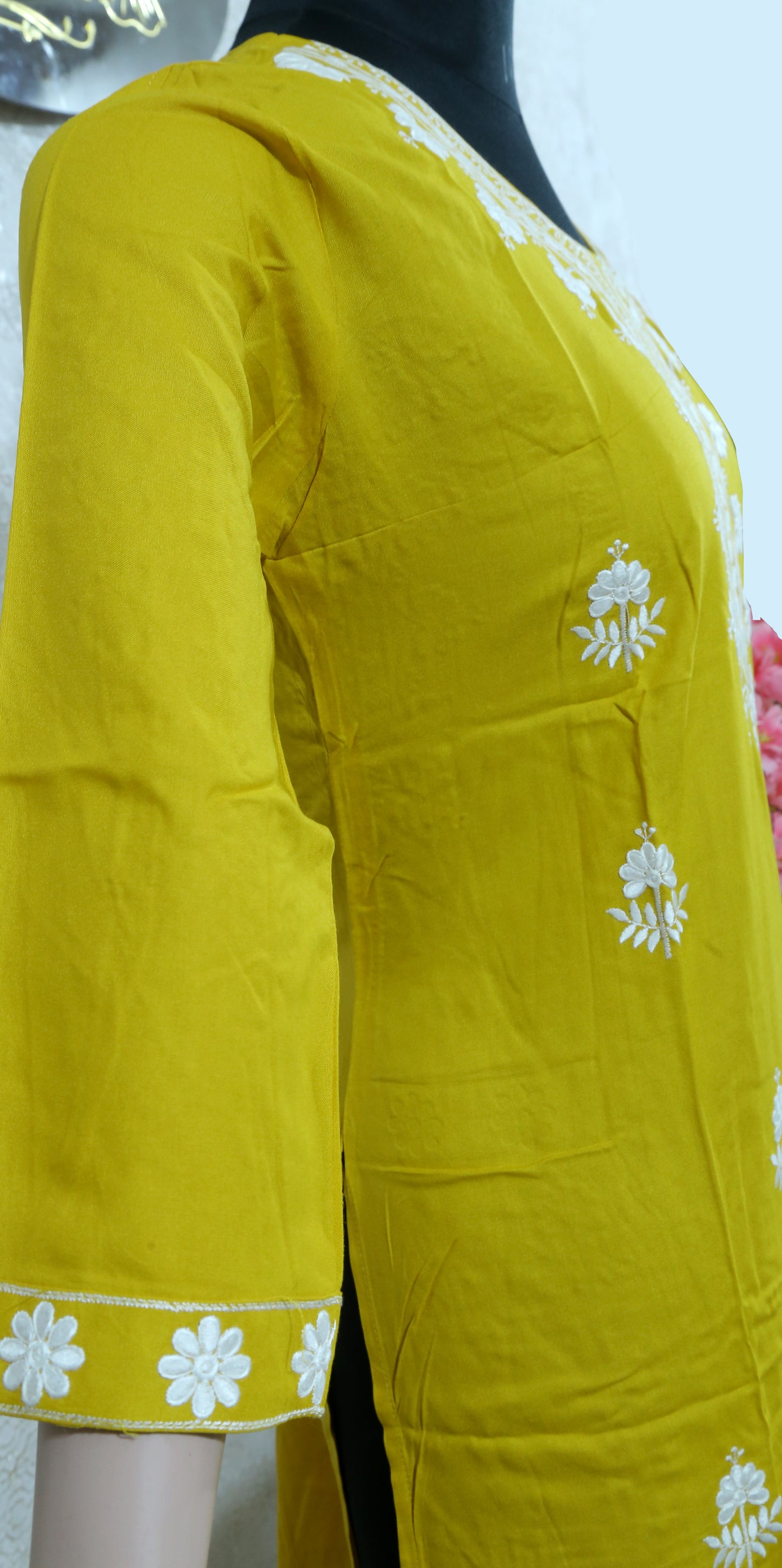HANDCRAFTED CHIKANKARI MUSTARD STRAIGHT SUIT SET