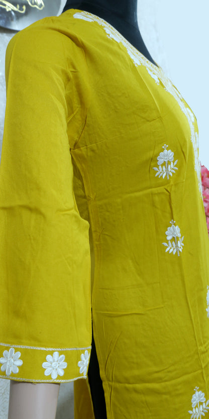 HANDCRAFTED CHIKANKARI MUSTARD STRAIGHT SUIT SET