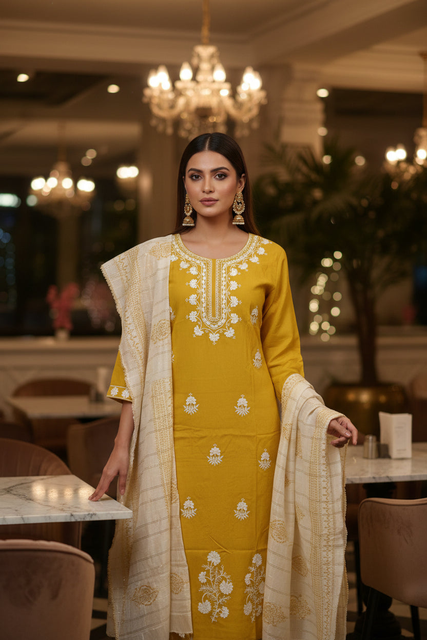 HANDCRAFTED CHIKANKARI MUSTARD STRAIGHT SUIT SET