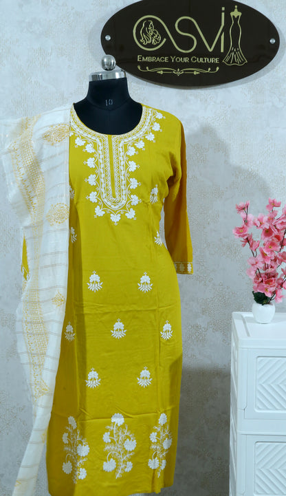 HANDCRAFTED CHIKANKARI MUSTARD STRAIGHT SUIT SET