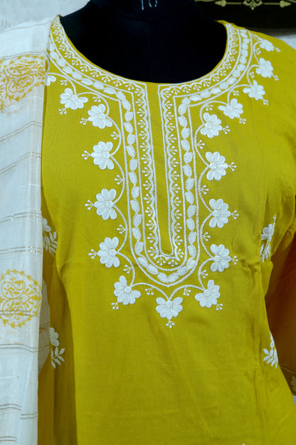 HANDCRAFTED CHIKANKARI MUSTARD STRAIGHT SUIT SET