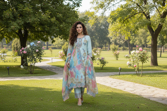 PREMIUM SKY BLUE SUIT SET WITH WORK LACED TOP & ROMAN SILK DUPATTA