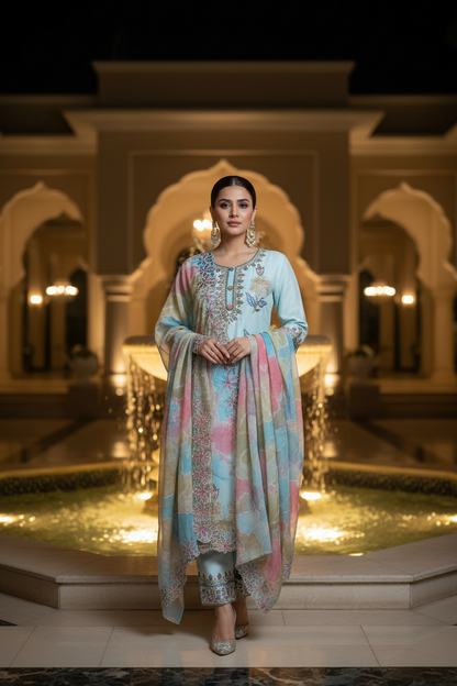 PREMIUM SKY BLUE SUIT SET WITH WORK LACED TOP & ROMAN SILK DUPATTA