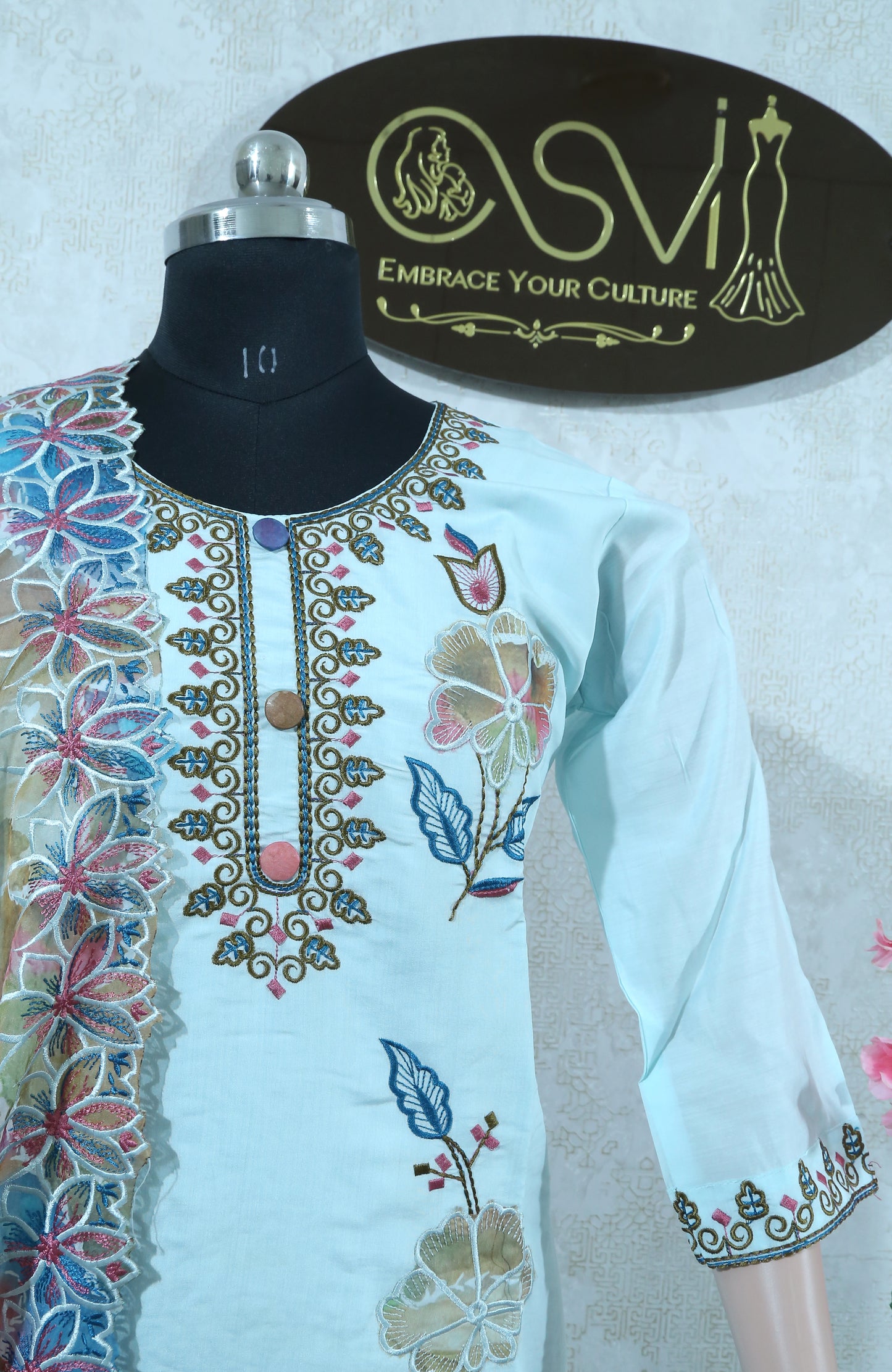 PREMIUM SKY BLUE SUIT SET WITH WORK LACED TOP & ROMAN SILK DUPATTA