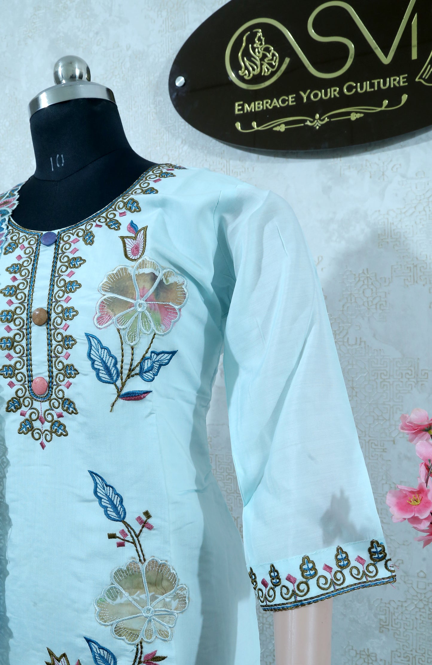 PREMIUM SKY BLUE SUIT SET WITH WORK LACED TOP & ROMAN SILK DUPATTA