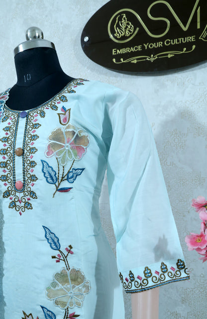PREMIUM SKY BLUE SUIT SET WITH WORK LACED TOP & ROMAN SILK DUPATTA